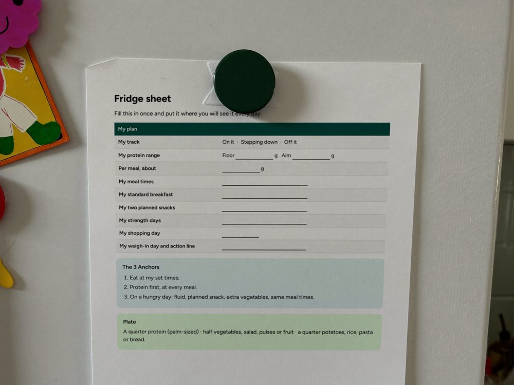 The printed fridge sheet held on a fridge door with a magnet